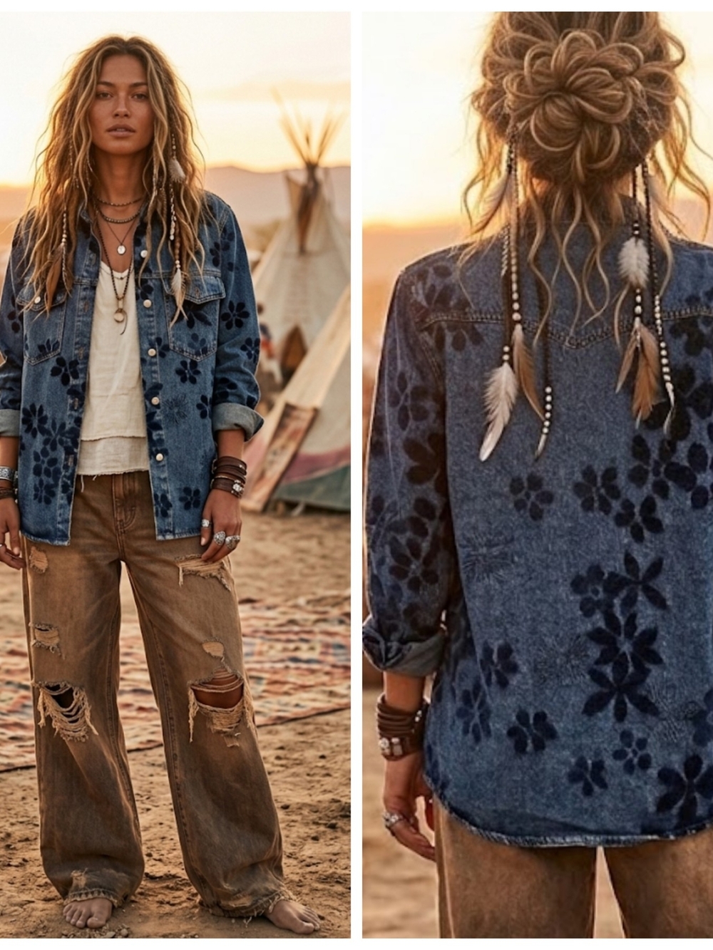 Denim Floral Print Shacket - Blue